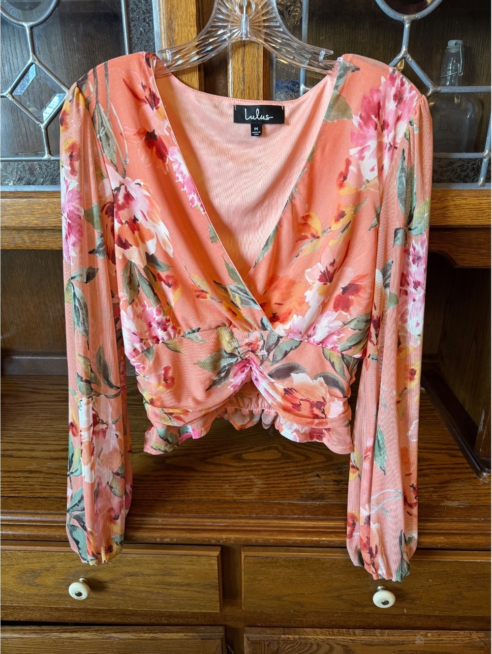 Lulus Floral Mesh Crop Top M Peach Balloon Sleeve Ruched Surplice Smocked